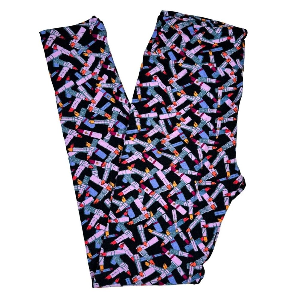 LuLaRoe Leggings Black Pink Red Lipstick Make Up One Size OS Unicorn HTF New LLR